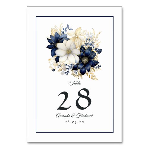 Navy White and Gold Floral Wedding Table Number
