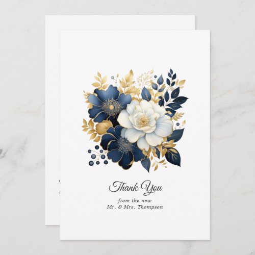 Navy White and Gold Floral Wedding Thank You Card