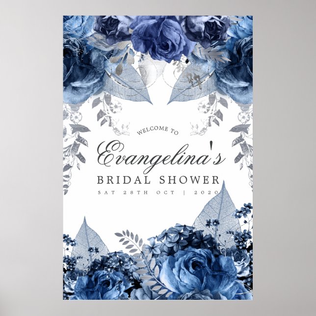 Navy & White and Silver Foil Bridal Shower Welcome Poster (Front)