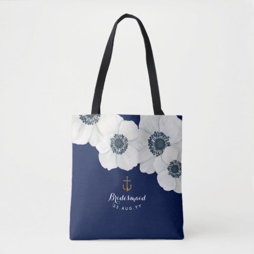 Navy  White Anemones Nautical Bridal Party Tote Bag