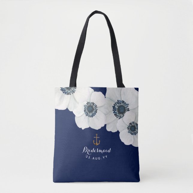 Navy & White Anemones Nautical Bridal Party Tote Bag (Front)