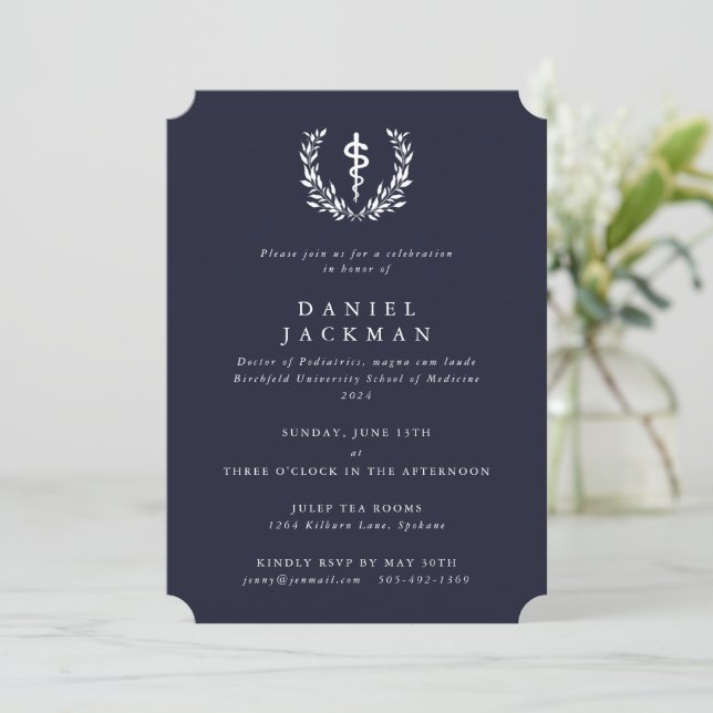 Navy/White Asclepius Medical School Graduation Invitation (Standing Front)