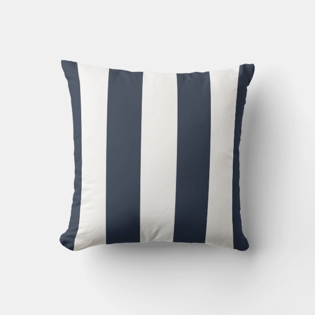 Navy & White Awning Stripe Outdoor Throw Pillow (Front)