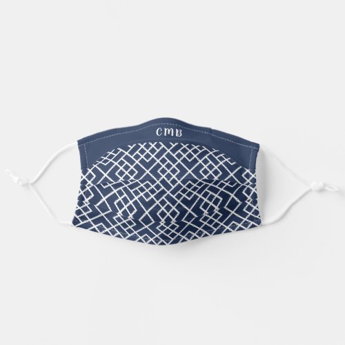 Navy  White Bamboo Lattice Pattern Monogrammed Adult Cloth Face Mask