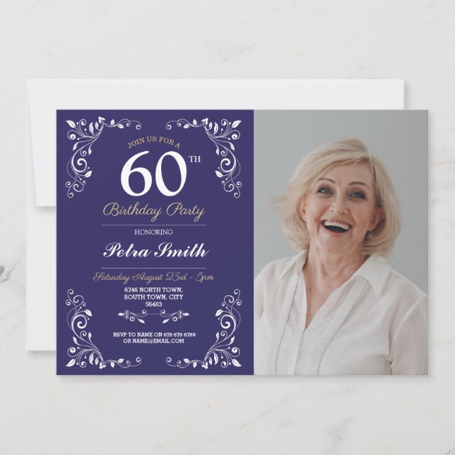 Navy White Birthday Womens Classy 60th Photo Invitation (Front)