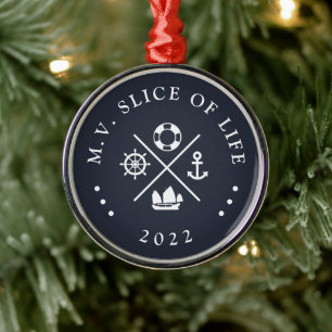 Navy & White Boat Name Metal Ornament