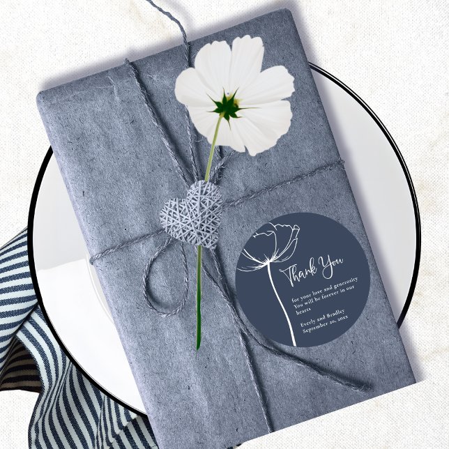 Navy White Bold Minimal Floral Wedding Thank You  Classic Round Sticker (Creator Uploaded)