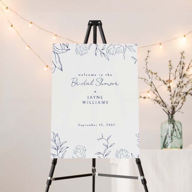 Navy & White Botanical Bridal Shower Welcome Sign (In Situ (Stand))