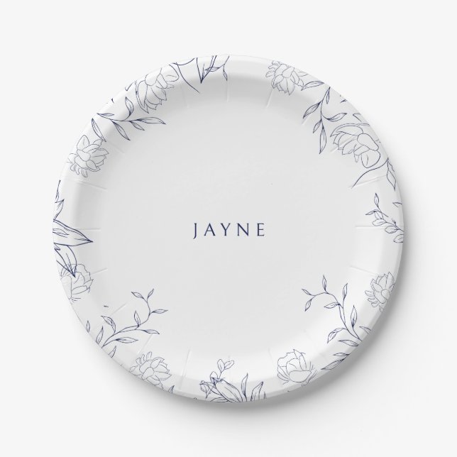 Navy & White Botanical Neutral Shower Paper Plates (Front)