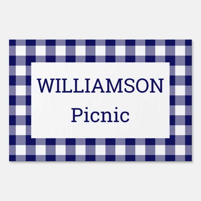 Navy White Buffalo Check Custom Name Picnic Party Sign (Front)