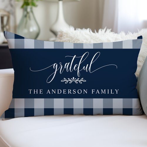 Navy &Amp;Amp; White Buffalo Check Grateful Personalized Lumbar Pillow