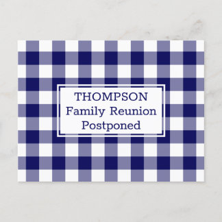 Navy White Buffalo Check Postponed Family Reunion Announcement Postcard