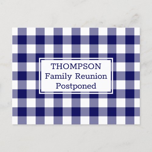 Navy White Buffalo Check Postponed Family Reunion Announcement Postcard