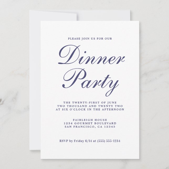 Navy White Calligraphy Dinner Party Invite (Front)