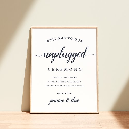 Navy  White Calligraphy Unplugged Wedding Sign