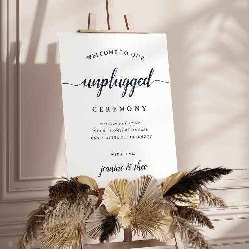 Navy  White Calligraphy Unplugged Wedding Sign
