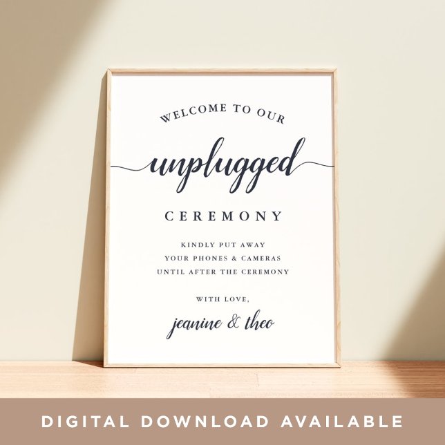 Navy & White Calligraphy Unplugged Wedding Sign (Creator Uploaded)