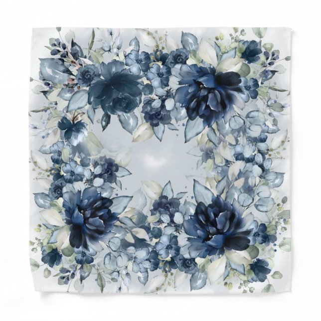 Navy White Cascading Peony Wedding Pocket Square Bandana (Front)