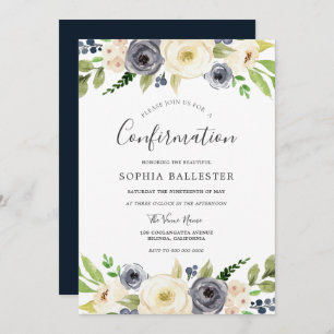 Navy & White Champagne Floral Confirmation Invitation