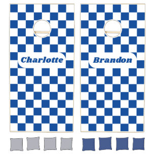 Navy & White Checker with Names Cornhole Set