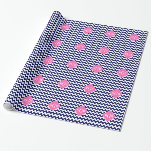 Navy White Chevron Hot Pink Quatrefoil 3 Monogram Wrapping Paper