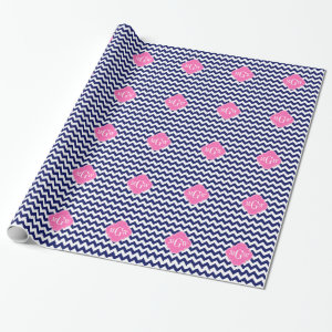 Navy White Chevron Hot Pink Quatrefoil 3 Monogram Gift Wrap