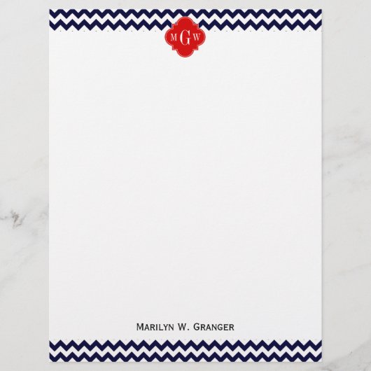 Navy White Chevron Red Quatrefoil 3 Monogram (Front)