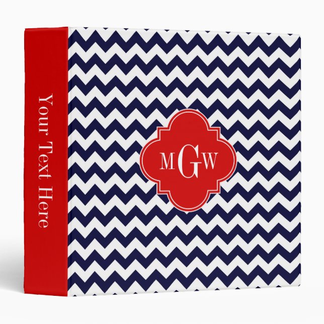Navy White Chevron Red Quatrefoil 3 Monogram 3 Ring Binder (Front/Spine)
