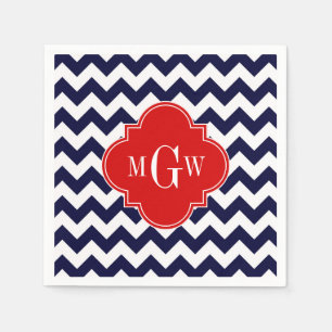Navy White Chevron Red Quatrefoil 3 Monogram Paper Napkins