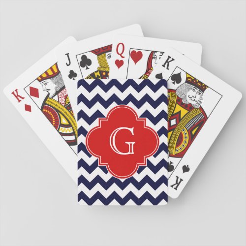 Navy White Chevron Red Quatrefoil 3 Monogram Poker Cards