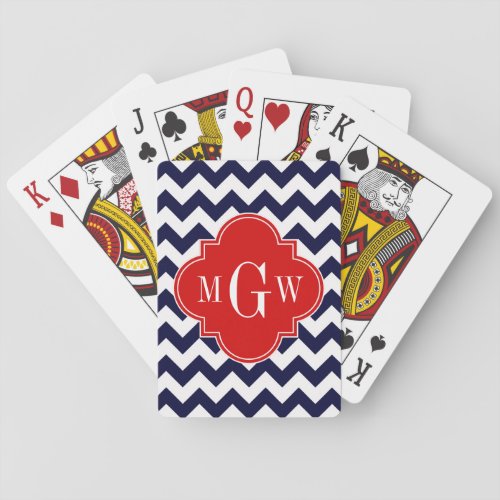 Navy White Chevron Red Quatrefoil 3 Monogram Poker Cards