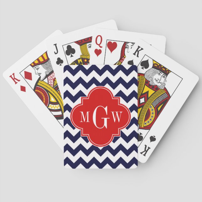 Navy White Chevron Red Quatrefoil 3 Monogram Poker Cards (Back)