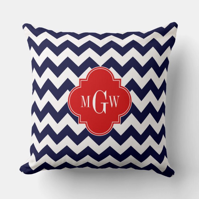 Navy White Chevron Red Quatrefoil 3 Monogram Throw Pillow (Front)