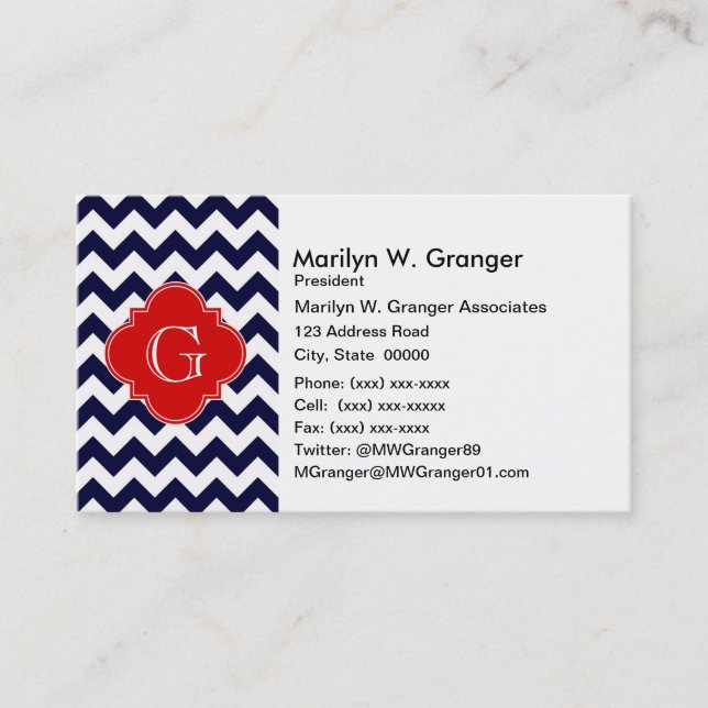 Navy White Chevron Red Quatrefoil Monogram Business Card (Front)