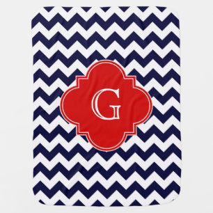 Navy White Chevron Red Quatrefoil Monogram Stroller Blanket