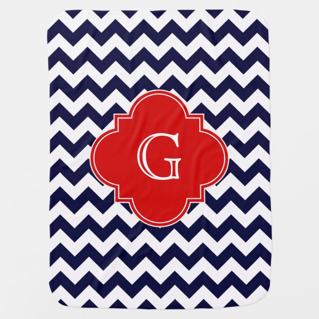 Navy White Chevron Red Quatrefoil Monogram Stroller Blanket (Front)