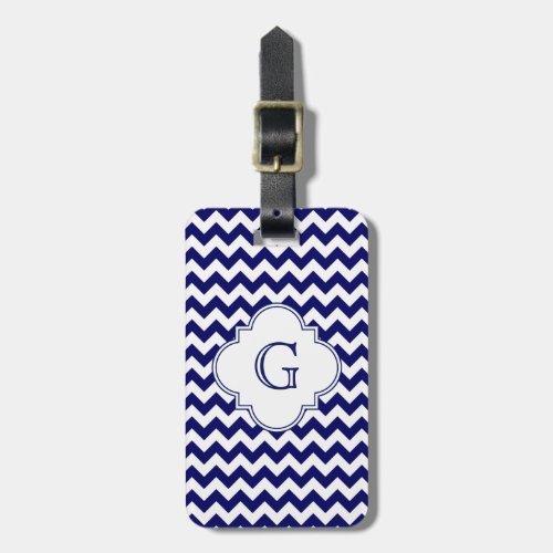 Navy White Chevron White Quatrefoil Monogram Luggage Tag