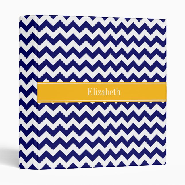 Navy White Chevron ZigZag Goldenrod Name Monogram 3 Ring Binder (Front/Spine)