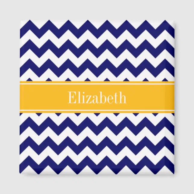 Navy White Chevron ZigZag Goldenrod Name Monogram Magnet