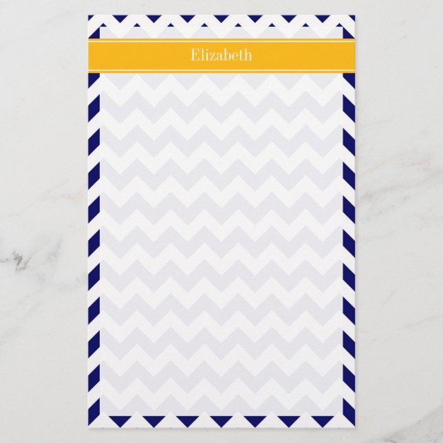 Navy White Chevron ZigZag Goldenrod Name Monogram Stationery (Front)