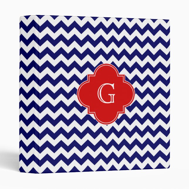 Navy White Chevron ZigZag Red Quatrefoil Monogram Binder (Front/Spine)