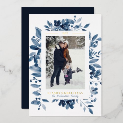 Navy white Christmas floral watercolor photo Foil Holiday Card