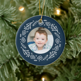 Navy & White Christmas Pinecone Wreath Photo Ceramic Ornament