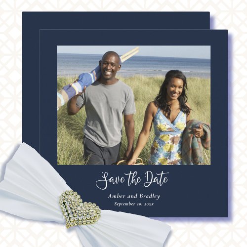 Navy White Classic Photo QR Code Save the Date  Invitation