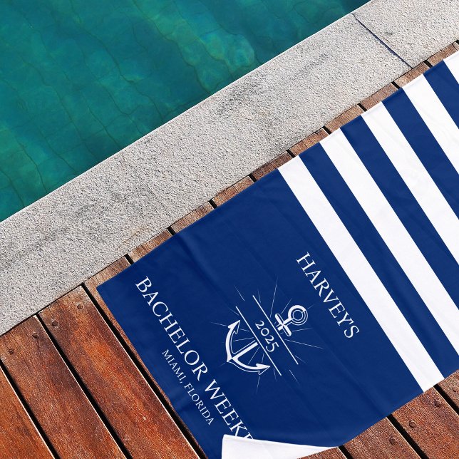 Navy & White Coastal Personalized Bachelor Weekend Beach Towel (Creator Uploaded)