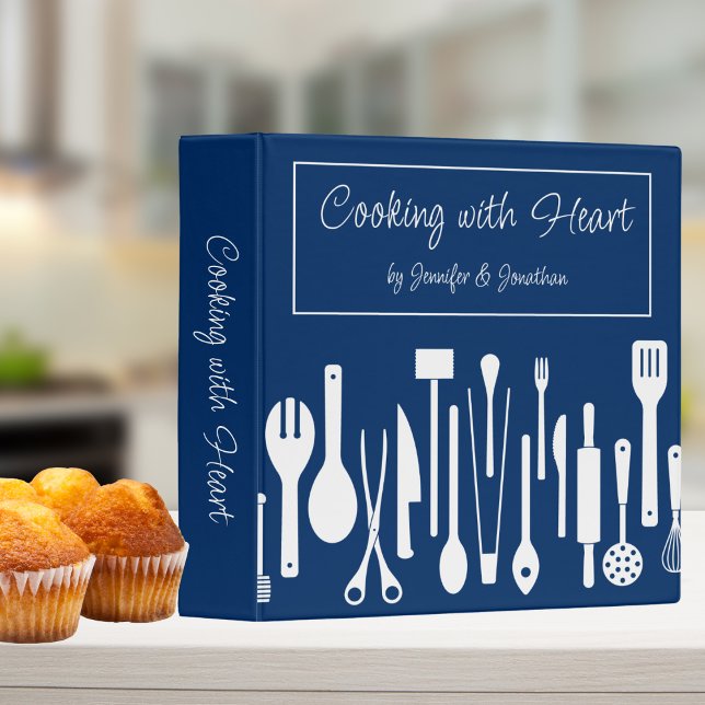 Navy & White Cooking with Heart Couples Recipe 3 Ring Binder (Available in additional colors. )