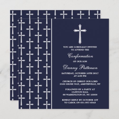 Navy  White Cross Holy Communion Or Confirmation Invitation