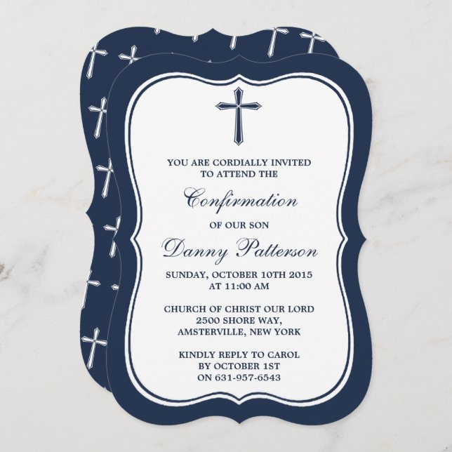 Navy & White Cross Holy Communion Or Confirmation Invitation (Front/Back)