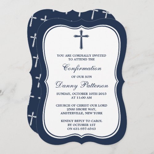 Navy  White Cross Holy Communion Or Confirmation Invitation