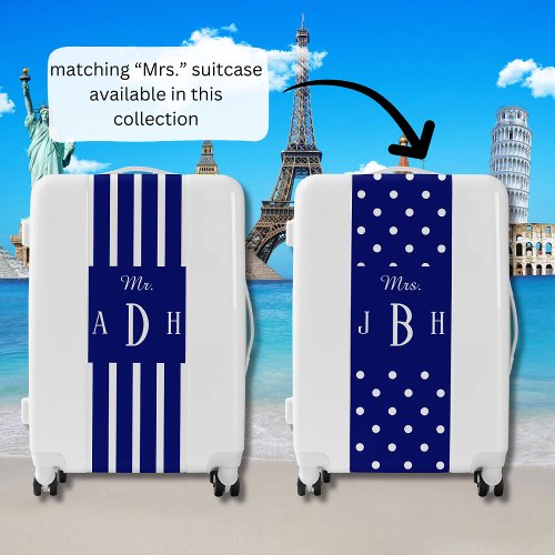 Navy  White Custom Mr and Mrs Newlywed Gift Luggage